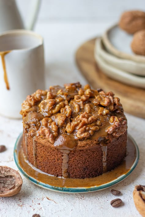 I am sharing my favourite wholewheat coffee cake which is eggless and I have topped the cake with loads of walnuts and a coffee glaze. Wholewheat Cake Recipes, Eggless Coffee Cake Recipes, Eggless Tea Cake Recipe, Eggless Coffee Cake, Eggless Waffle Recipe, Chocolate Walnut Cake, Bake With Shivesh, Date And Walnut Cake, Almond Coffee Cake