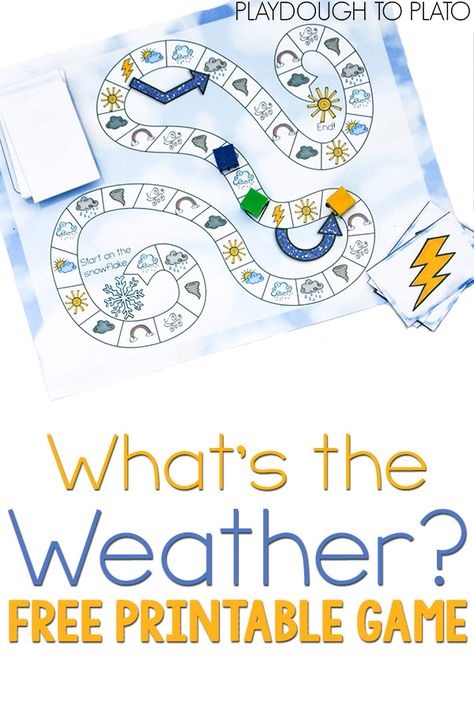 FREE printable weather game! What a fun way to learn the different weather terms with your preschooler or kindergartener. Weather Kindergarten, Weather Activities Preschool, Weather Activities For Kids, Teaching Weather, Weather Games, Weather Worksheets, Preschool Weather, Playdough To Plato, Weather Vocabulary