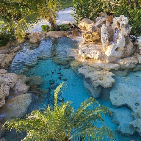 Lucas Lagoons Pool with Sand Bottom Entrance and Bridge Sand Pools Backyard Diy, Backyard Lagoon, Bridge Over Pool, Pool With Sand, Pool Types, Insane Pools, Lazy River Pool, Mermaid School, Fish Pool