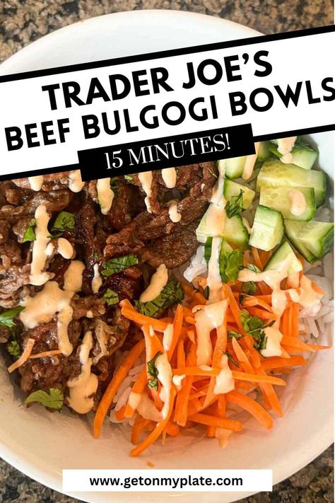 If you haven't tried Trader Joe's Beef Bulgogi, you're missing out! It's super flavorful and cooks up in about 10 minutes. One of my favorite ways to enjoy it is in these colorful beef bulgogi rice bowls and plenty of delicious sriracha mayo drizzled over the top! This dinner recipe is made with Trader Joe's ingredients and perfect for an Trader Joe's easy meal! Crunchy veggies, sweet beef bulgogi and creamy sriracha mayo all come together for a delicious meal ready in 15 minutes! Soyaki Recipe, Trader Joes Recipes Dinner, Trader Joes Meal Planning, Trader Joes Recipes Healthy, Beef Bulgogi Recipe, Trader Joes Vegan, Crunchy Veggies, Trader Joes Food, Bulgogi Recipe