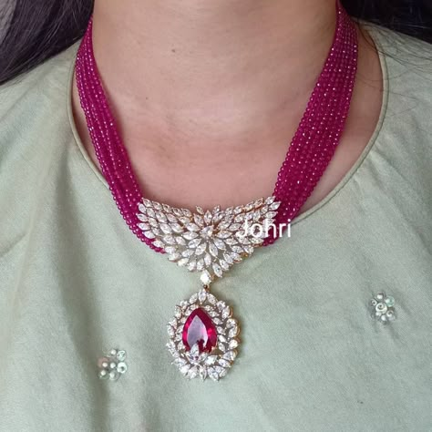 Ruby Pendent Designs, Ruby Pendant Design, Beats Jewellery, Ruby Jewelry Necklaces, Bridal Diamond Necklace, Indian Wedding Jewelry Sets, Stone Bead Jewelry, Diamond Pendants Designs, Fancy Jewelry Necklace