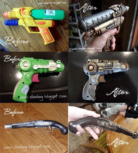 How to paint a plain old dollar store water-gun to look like a steampunk RAYGUN! Who needs those silly little ceramic figurines to paint - these are way more cool! Steam Punk Diy, Punk Costume, Steampunk Party, Metal Patina, Steampunk Gadgets, Mode Steampunk, Steampunk Halloween, Steampunk Crafts, Diesel Punk