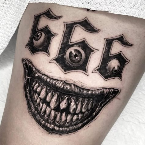 #Tattoos,Devilish Triple Eye Of Lucifer Tattoo Creepy Smile Tattoo, 666 Tattoo Design, Eye Of Lucifer, Satanic Tattoo Design, Lucifer Tattoo, 666 Tattoo, Illustrative Tattoos, Pentagram Tattoo, Satanic Tattoos