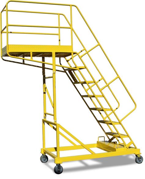 The counterweighted design allows workers to gain safe access without resting against their projects. Stairs With Platform, Rolling Ladder, Metal Doors Design, Steel Stairs, Metal Projects, Scaffolding, Metal Door, Stairs Design, Drafting Desk