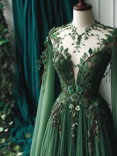 Acotar Dress, Green Dress Aesthetic, Forest Wedding Dress, Forest Dress, Elven Dress, Green Wedding Dresses, Magical Dress, Fantasy Dresses, Fantasy Gowns