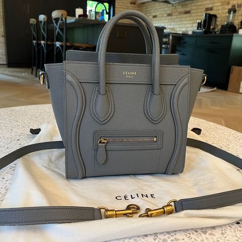 Handbag Celine Nano Luggage, Gray Handbags, Celine Luggage Bag, Large Bag, Crossbody Strap, Antique Gold, Gold Hardware, Style Me, Top Handle Bag