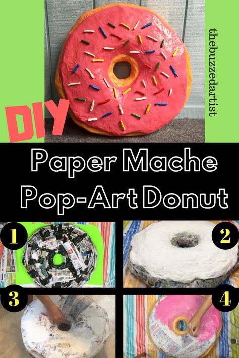 Donut Paper Mache Pop Art | Step-by-Step Acrylic Painting Tutorial for Beginners Paper Mache Elementary Art Projects, Donut Paper Mache, Paper Mache Donut Diy, Paper Mache Elementary Art, Sweet Treats Art Project, Donut Pinata Diy, Paper Mache Pop Art, Paper Mache For Beginners, Sculpture Art Elementary