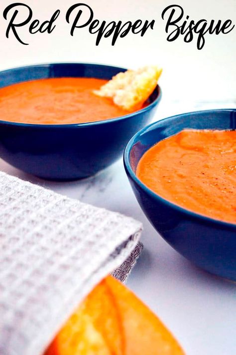 This is no ordinary roasted red pepper soup recipe. Sweet caramelized roasted pear and cherry tomato elevate the taste of this rich satisfying bisque, along with other secret ingredients. It's vegan, healthy, easy, whole30 compliant, and deliciously smooth and creamy. Just pop everything in the oven and whizz up in a blender! Roasted Red Pepper Bisque, Red Pepper Bisque, Red Pepper Soup Recipe, Vegan Stew Recipes, Pepper Soup Recipe, Spicy Vegetarian Recipes, Spicy Vegan Recipes, Bisque Soup, Roasted Red Pepper Soup