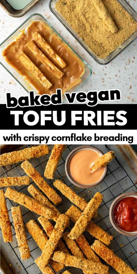 Baked Tofu Fries Cornflake Crust, Tofu Fries, Soy Curl Recipes, Soy Curls Recipes, Homemade Tofu, Yummy Vegan Food, Vegan Mashed Potatoes, Soy Curls, Waffle Fries