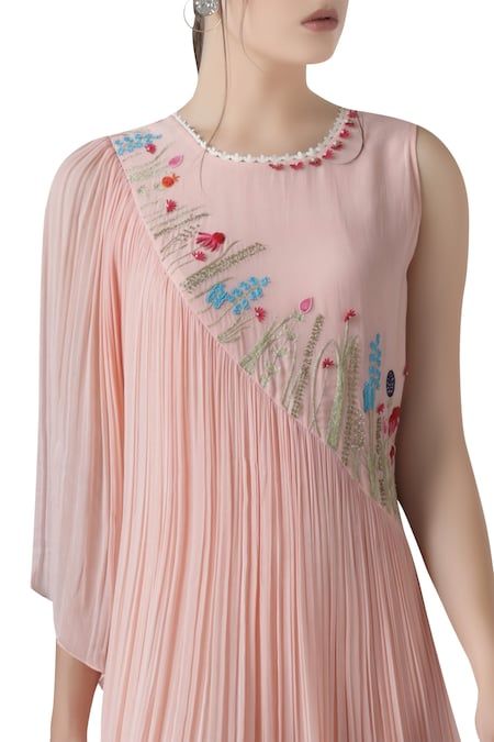 Pleated Dress with Asymmetric Hem Dress Design For Women, Silk Dress Design, Raw Silk Dress, Pink Pleated Dress, Designer Kurti Patterns, Cotton Kurti Designs, Dress Neck Designs, Asymmetric Dress, Kurti Neck Designs