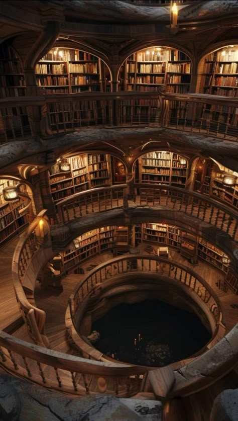 Dark Castle Library, Fantasy Castle Library, Magic Library Aesthetic, Tower Library, Circular Library, Giant Library, Ancient Libraries, Archive Room, Medieval Library