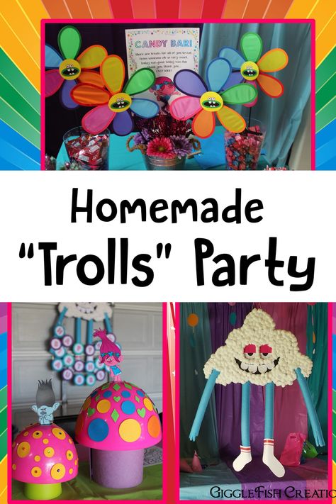 Easy handmade and homemade decorations for a Trolls birthday party    GiggleFish_Homemade Trolls party Diy Trolls Birthday Party, Troll Party Theme, Trolls Party, Trolls Birthday Party, Troll Party, Bumbo, Mia 3, 6th Birthday Parties, Third Birthday