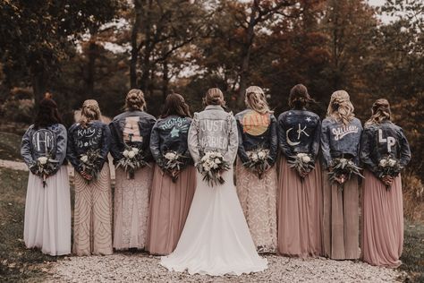 Wedding Party Jean Jackets, Bridesmaids Jean Jackets, Bridesmaids Denim Jackets, Denim Jacket Bridesmaids, Bridesmaid Dresses With Jean Jackets, Bridal Party Jean Jackets, Bridesmaid Jackets Fall, Bridesmaid Jean Jacket, Jackets For Bridesmaids