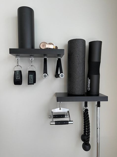 Elegant Tonal Floating Accessory Shelf with the following features: - 4 mounting fittings for accessories (can customize upon request) - Dimensions 15.7 x 7.9 x 1.5 - Supports 22 pounds of weight (with all mounting fasteners) - Includes mounting hardware - Comes in 3 colors: Modern Gray Wood, Gym Corner, Gym Organizer, Dream Home Gym, Small Home Gym, Workout Room Home, Mini Gym, Diy Home Gym, Basement Gym, Gym Setup