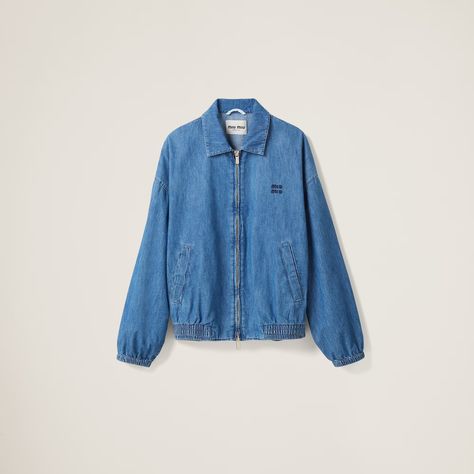 Sapphire Blue Chambray blouson jacket | MIU MIU Blouson Jacket, Denim Design, Sapphire Blue, Denim Coat, Jacket Women, Chambray, Oversized Fits, Miu Miu, Workout Shirts