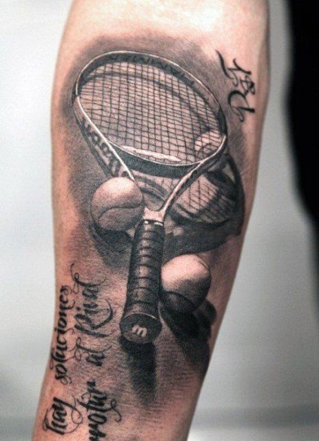 Tennis inspired tattoo on the forearm Tennis Tattoo Ideas, Tennis Tattoo, David Beckham Tattoos, Sport Tattoos, One Word Tattoos, Vikings Tattoo, Tennis Posters, Mona Lisa Parody, Tattoos Mandala