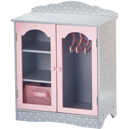 Olivia's Little World - 18 inch Doll Furniture - Fancy Wooden Closet with 3 Hangers and 1 Cubby (Grey Polka Dots) Fancy Closet, Pink Hangers, Wooden Closet, Wooden Play Kitchen, Armoire Dressing, Play Kitchens, Doll Closet, Princess Toys, Doll Wardrobe