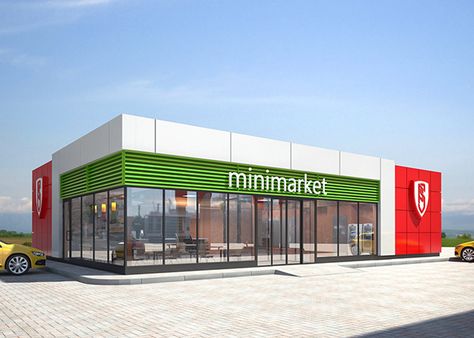 Creation of petrol station visual design. on Behance Mini Mart, Cafe Exterior, Home Designs Exterior, Retail Facade, Commercial Design Exterior, Grocery Store Design, Storefront Design, Supermarket Design, Pharmacy Design