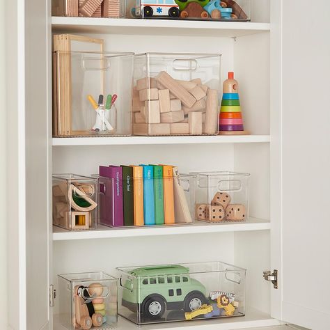 Storage Clear Bins, Acrylic Storage Ideas, Clear Bin Organization, Clear Toy Storage, Office Playroom Combo, Beach House Storage, Kids Art Storage, Kid Storage, Kids Storage Solutions