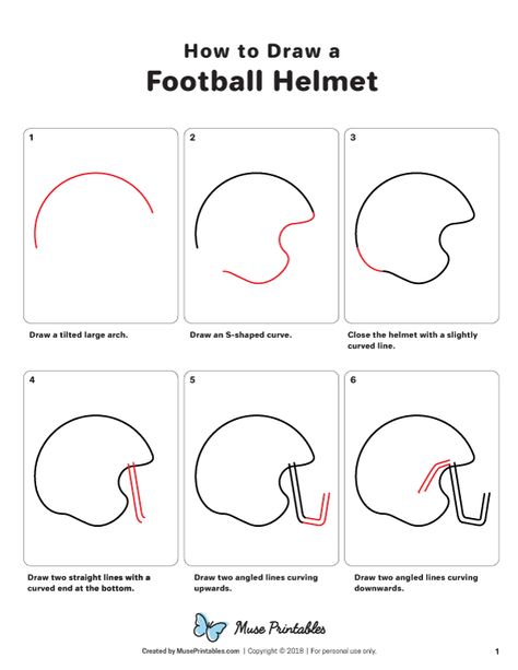 Learn how to draw a football helmet step by step. Download a printable version of this tutorial at https://museprintables.com/download/how-to-draw/how-to-draw-a-football-helmet/ How To Draw Muscles Step By Step, How To Draw A Football Helmet, How To Draw A Helmet, Football Face Paint, College Football Logos, How To Draw Muscles, Helmet Drawing, Cowboys Helmet, Kid Drawing