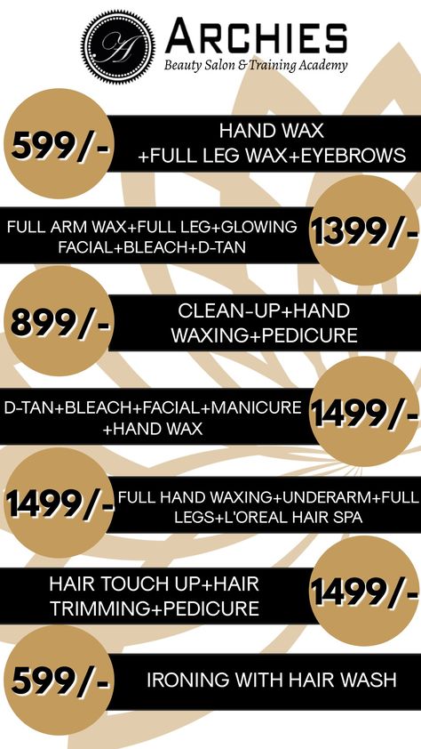 Premium beauty services & top-notch safety initiatives - that's what you get at Archies Beauty Salon. Our experts are more than ready to host you!
Come by soon & enjoy our combo services.

Call for an appointment at 09820142332
Follow: @archiesparlour Beauty Services List, Salon Services Poster, Salon Offers Ideas, Salon Advertising Ideas, Henna Design Tutorial, Makeup Studio Ideas, Face Mask For Pimples, Bridal Henna Design, Beauty Salon Price List