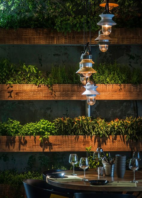 The Plants In This Restaurant Are Herbs That The Chef Uses To Cook With Bar Deco, Outdoor Pendant Lighting, Garden Cafe, Garden Pictures, Retail Design Blog, Outdoor Pendant, Decor Minimalist, Restaurant Interior, Kitchen Garden