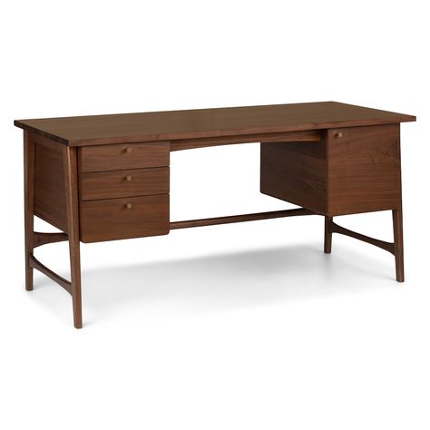 Love walnut? Love mid-century design? Of course you do. Crafted from a mix of solid and durable veneer wood, the Krossa Executive Desk isn't the kind to crave attention � but it will get some anyway. Especially since its three drawers and additional cabinet bring executive-style organization to your workflow. Use it to prepare your papers, get that pressing project done, or plot your next big move. Brown Wood Desk, Walnut Desk Office, Office Mood Board, Mid Century Modern Desk, Office Commercial, Grey Office, Modern Dining Tables, Modern Desks, Desks Office