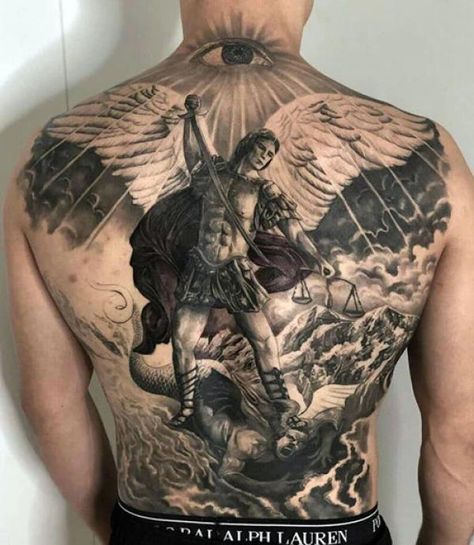 80 Powerful Angel Michael Tattoo Designs with Meaning | Art and Design Saint Michael Angel, Angel Back Tattoo, Archangel Michael Tattoo, St Michael Tattoo, Saint Tattoo, Tattoo Espalda, Michael Tattoo, Archangel Tattoo, Tattoo Chest