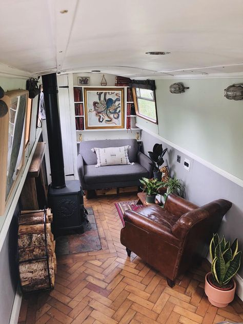 Narrowboat Interiors Inspiration, Narrow Boat Interior Ideas, Small Boat Interior Ideas, Narrow Boat Interior, Living Room Fire Place, Narrowboat Life, Narrow Boats For Sale, Barge Interior, Canal Boat Interior