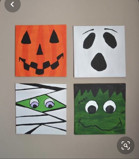 Easy Halloween Canvas Painting Ideas For Kids, Pumpkin Canvas Painting Kids, Halloween Easy Canvas Painting Ideas, Halloween Paint Party Canvas, Frankenstein Canvas Painting, Halloween Crafts On Canvas, Halloween Craft Painting, Halloween Art On Canvas, Halloween Easy Drawings Ideas