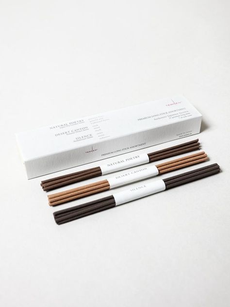 A sample set of 3 unique scents from Tennen’s collection of premium long incense sticks. Set includes: 7 Sticks of Natural Poetry: A warm, sweet, and seductive blend. 7 Sticks of Desert Canyon: Notes of earth, wood, musk. 7 Sticks of Silence: Notes of precious kyara, graceful oud, and traditional kyoto. About TennenFounded in 2001 by Ethan Wessel and Sarah Swartz Wessel, Tennen is a multidisciplinary architectural firm based in Phoenix, USA. Their Sonoran Desert incense collection is part of a c Incense Sticks Aesthetic, Incense Packaging Design, Incense Branding, Incense Collection, Beauty Incense, Incense Sticks Packaging Creative, Incense Sticks Packaging Design, Phoenix Usa, Incense Sticks Packaging