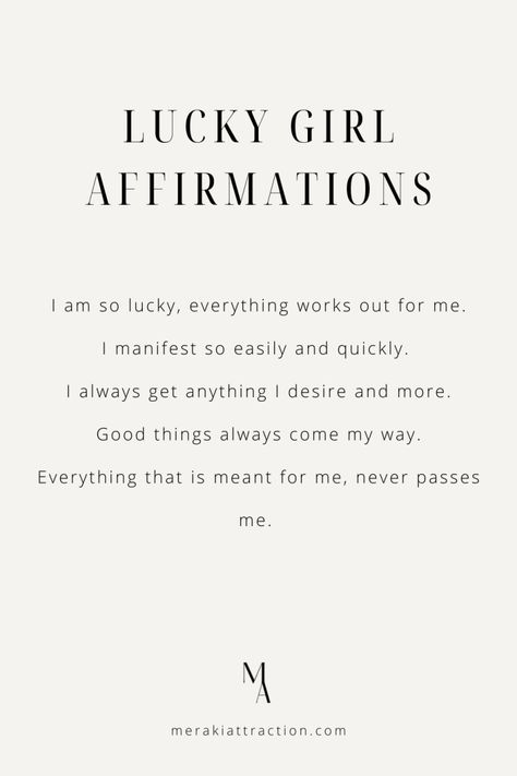 How To Get The Lucky Girl Syndrome Plus Lucky Girl Syndrome Affirmations - Meraki Attraction Dream Girl Quotes, Best Self Journal, Girl Affirmations, Lucky Girl Syndrome, Make Your Dreams A Reality, Spirituality Affirmations, Affirmation Board, Bad Thoughts, Vision Board Manifestation