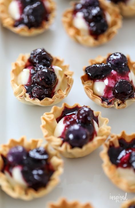 Blueberry Cheesecake Phyllo Cups, Mini Blueberry Cream Cheese Tarts, Phyllo Cup Cheesecake Bites, Blueberry Phyllo Dessert, Pastry Cups Desserts, Blueberry Phyllo Recipes, Mini Phyllo Cup Recipes, Phyllo Dough Cup Recipes, Baklava Cheesecake Bites