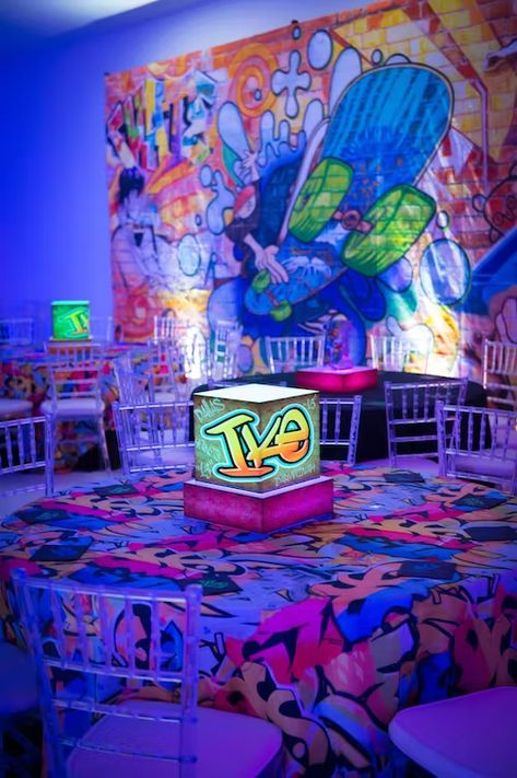 Graffiti Bar Mitzvah | RS Event Productions | PartySlate Graffiti Party Theme, Graffiti Wedding, Graffiti Theme, Hoco Dance, Glow Party Decorations, Bar Mitzvah Centerpieces, Graffiti Party, Graffiti Room, Mitzvah Centerpieces