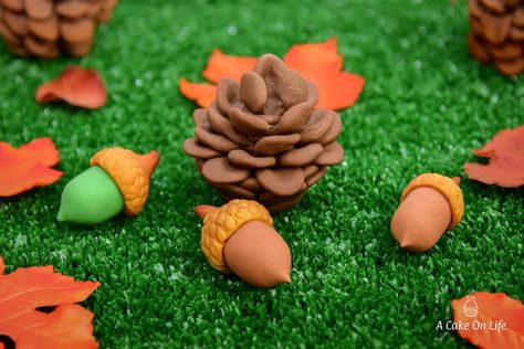 Pinecone And Acorn Cake Decorations - CakesDecor Acorn Cake, Edible Acorns, Bunny Rabbit Cake, Rabbit Cake Topper, Model Tutorial, Cupcake Wreath, Fall Acorns, Thanksgiving Cakes, Pull Apart Cupcakes