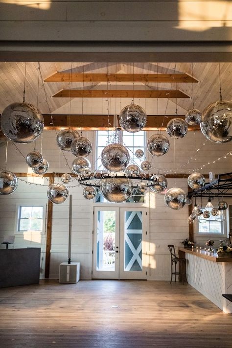 Disco Ball Hanging Installation, Disco Balls Ceiling, Disco Ball Cluster, Disco Wedding Backdrop, Disco Ball Sweet 16, Disco Ball Dance Floor, Disco Ball Theme Party, Disco Ceiling, Disco Ball Centerpiece Ideas