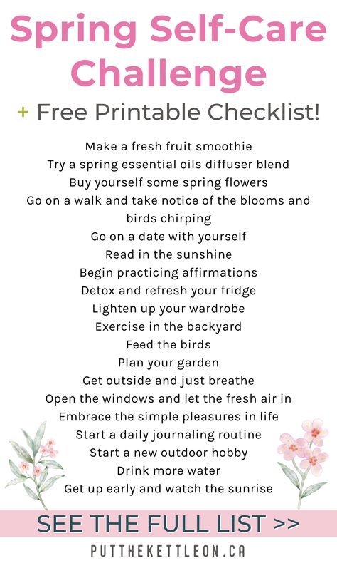 Try a spring self-care challenge to make the most of this bright season! Self Care is the most important thing you can do for yourself - it helps support your mental health and gives you a balanced lifestyle! Includes free self care challenge checklist printable - download now! Self Care Calendar, Spring Self Care, Fresh Fruit Smoothies, Easy Self Care, Prioritize Yourself, Self Care Challenge, The Checklist, Checklist Printable, Challenge Ideas