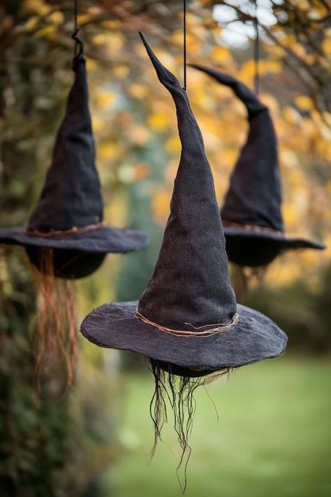 "Add some Halloween magic with DIY Floating Witch Hats! 🎩🧙‍♀️ Perfect for hanging indoors or outdoors. #DIYHalloweenDecor #WitchHatIdeas #SpookyHalloween" Floating Witch Hats, Diy Witch Hat, Floating Witch, Outdoor Witch, Diy Witch, Spooky Decorations, Witch Diy, Witch Hats, Hat Decoration