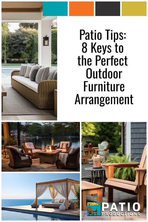 Unlock the full potential of your outdoor oasis with these 8 expert tips on patio furniture arrangement. Create a space that's equal parts functional and fabulous! Visit PatioProductions.com for outdoor furniture styling tips! Large Porch Furniture Layout, Back Porch Seating Arrangement, Arrange Patio Furniture Layout, Large Deck Furniture Layout Outdoor Spaces, Square Porch Furniture Layout, Outdoor Patio Seating Arrangements, Patio Conversation Set Ideas Decor, Back Deck Furniture Layout, Large Patio Furniture Layout