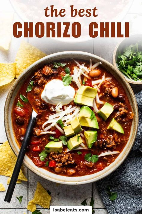 This Chorizo Chili is an easy one-pot meal that's both delicious and satisfying. Bold flavors of traditional chili with a Tex-Mex twist come together for a comforting dish, thanks to the addition of Mexican chorizo! Chorizo And Bean Stew, Chorizo Chili Recipe, Chorizo Chili, Dry Beans Recipe, Easy Crockpot Soup, Hearty Chili Recipe, Isabel Eats, Mexican Chorizo, Weekend Food