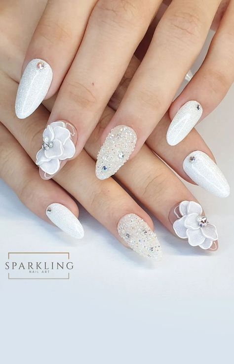 wedding nails for brides, wedding nails, bridal nails, wedding nails 2022, wedding nails ideas, best wedding nails, wedding nails with glitter, wedding nails for bride 2022 3d Wedding Nails, White Wedding Nails For Bride, Brides Nails, 70 Wedding, Wedding Nail Colors, Bride 2023, Nails Basic, Fall Wedding Nails, Pearl Chrome