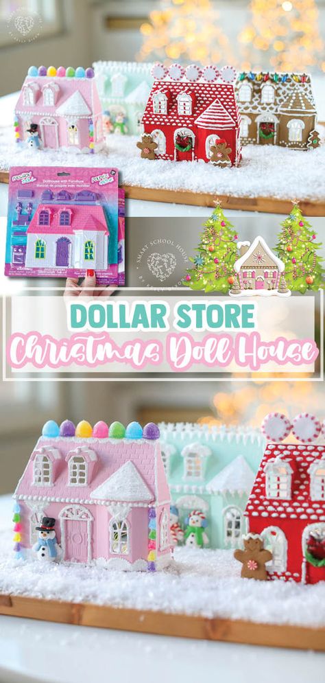 Diy Dollhouse Dollar Tree, Diy Christmas Dollar Store, Diy Christmas Tree Shelf For Village, Dollar Tree Doll House Gingerbread, Doll House Christmas Decorations, Christmas Village Snow Ideas, Dollar Tree Painting Crafts, Diy Painted Christmas Village Houses, Christmas Etsy Ideas