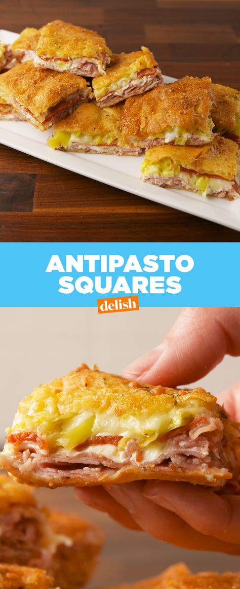 You won't be able to eat just one of these Antipasto Squares. Get the recipe at Delish.com. #recipe #easyrecipes #appetizer #antipasto #mozzarella #provolone #cheese #pepperoni #ham #peppers Pizza Crescent Roll, Antipasto Squares, Breakfast Pizza Crescent Roll, Square Recipes, Crescent Roll Recipes, Crescent Roll, Breakfast Pizza, Finger Food Appetizers, Football Food