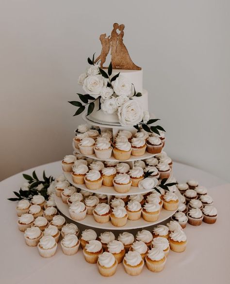 September Wedding Cupcakes, Cupcake Station Wedding, Top Tier Wedding Cake With Cupcakes, Elegant Wedding Cake With Cupcakes, Wedding Cake Stand With Cupcakes, Wedding Cupcakes Stand, Minimalist Wedding Cake With Cupcakes, Cupcake Wedding Cake Elegant, Cupcake Arrangements Wedding