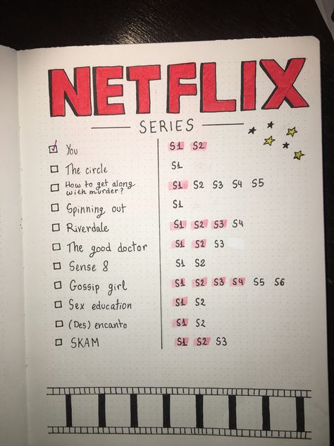 Journal Ideas Netflix Movies, Journal Netflix Ideas, Bujo Netflix Tracker, Netflix Journal Ideas, Bullet Journal Netflix List, Series Tracker Bullet Journal, Netflix Series Tracker, Netflix Journal, Bullet Journal Netflix