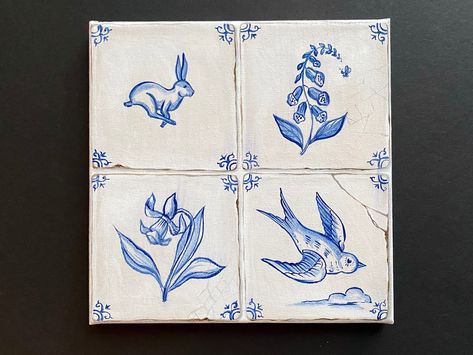 antique delft tiles animals - Google Search Canvas Painting Realistic, Tiles Painting, Puzzle Purse, Canvas Painting Vintage, Blue Art Painting, Painting Realistic, Tile Artwork, Vintage Tiles, Acrylic Canvas Painting