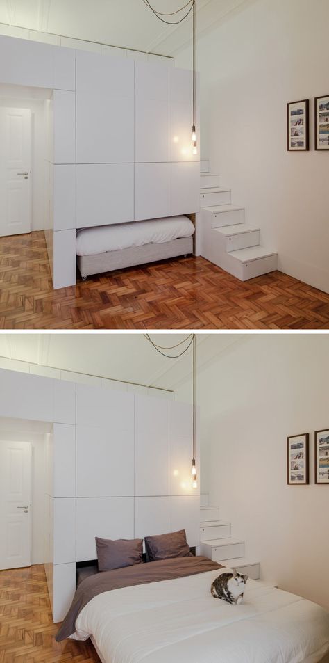 This small modern apartment has a wall of white storage cabinets that allows a pull-out bed to be hidden within it. Using Closet Space For Bed, Studio Apartment Pull Out Bed, Pull Out Bed Ideas, Overbed Wardrobe Small Spaces, Studio Apartment Hidden Bed, Small Modern Apartment, Midcentury Interior Design, Tiny House Bed Lift, Interior Solutions