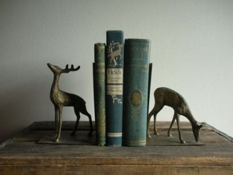 Book Ends Aesthetic, Books On A Shelf, Bookends Vintage, Ivy House, Vintage Deer, Book Ends, Home Library, A Shelf, Home Office Design