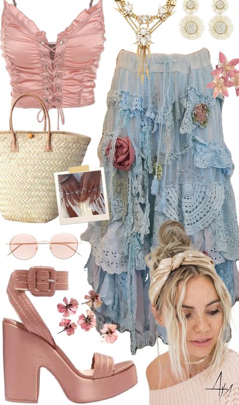 boho Pastel Bohemian Outfit, Pink Bohemian Aesthetic, Boho Chic Clothing Boho Pink, Boho Barbie Aesthetic, Pastel Boho Outfit, Pink Boho Print Hippie Dress, Camping Aesthetic Outfits, Outfits Pastel, Camping Aesthetic