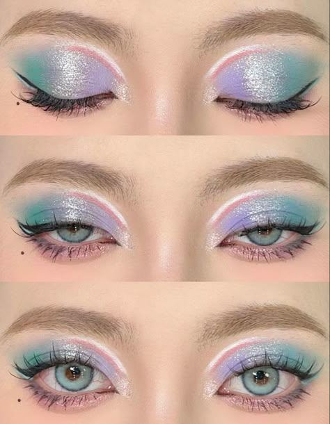 Pink And Teal Makeup Looks, Ariel Inspired Makeup, Ocean Eye Makeup, Ariel Makeup Look, Ariel Makeup, Teal Makeup, Pastel Makeup, Cute Eye Makeup, Doll Eye Makeup